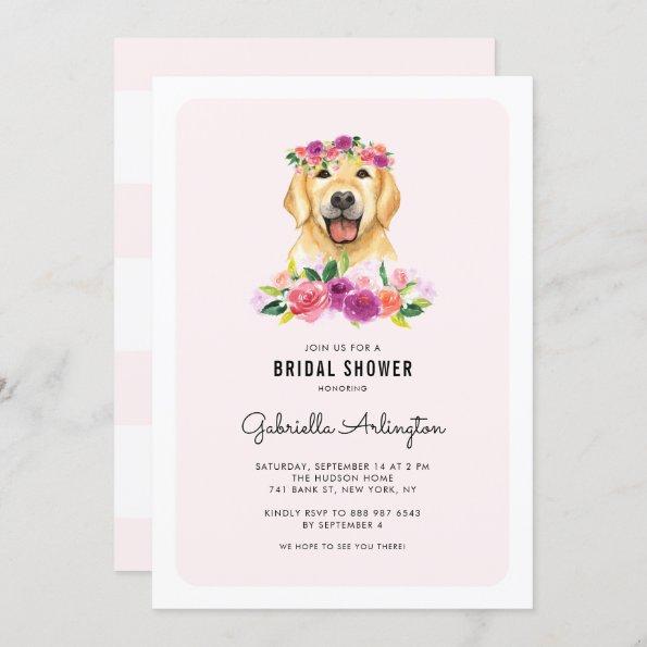 Cute Golden Retriver Pink Floral Bridal Shower Invitations