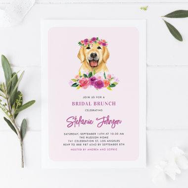 Cute Golden Retriver Purple Floral Bridal Brunch Invitations
