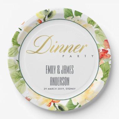 CUTE GREEN RED WATERCOLOR FLORAL GOLD DINNER PARTY PAPER PLATES