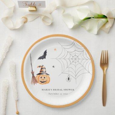 Cute Halloween Pumpkin Spider Web Bridal Shower Paper Plates