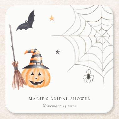 Cute Halloween Pumpkin Spider Web Bridal Shower Square Paper Coaster