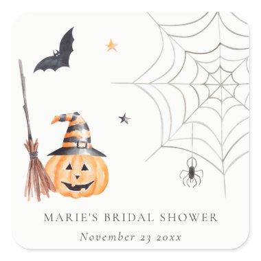 Cute Halloween Pumpkin Spider Web Bridal Shower Square Sticker