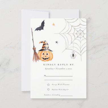 Cute Halloween Pumpkin Spiderweb Spooky Wedding RSVP Card