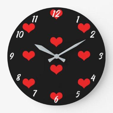 Cute Heart Pattern Red Custom Black Valentines Day Large Clock