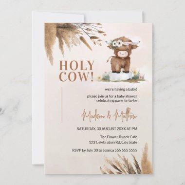 Cute Holy Cow Pampas Rustic Farm Baby Shower Invitations