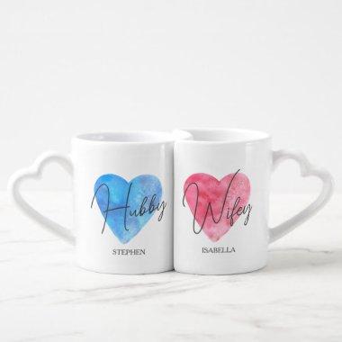 Cute Hubby and Wifey Watercolor Hearts Couple Coffee Mug Set