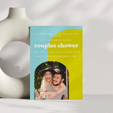 Cute Lime Light Blue Retro Photo Couples Shower Invitations