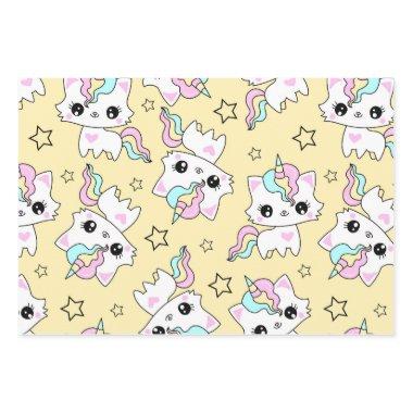 cute little unicorn stars yellow background wrapping paper sheets