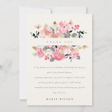 Cute Lively Pink Watercolor Floral Bridal Shower Thank You Invitations