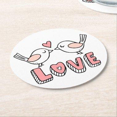 Cute Love Birds Pink White Wedding Lovebirds Round Paper Coaster