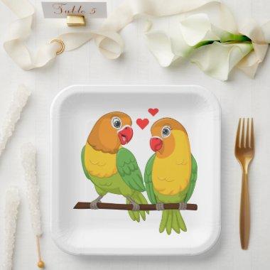 Cute Love Birds Yellow and Green Lovebirds Wedding Paper Plates