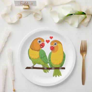 Cute Love Birds Yellow and Green Lovebirds Wedding Paper Plates