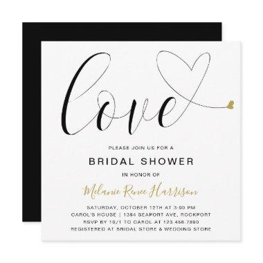 Cute Love Gold Heart Modern Bridal Shower Invitations