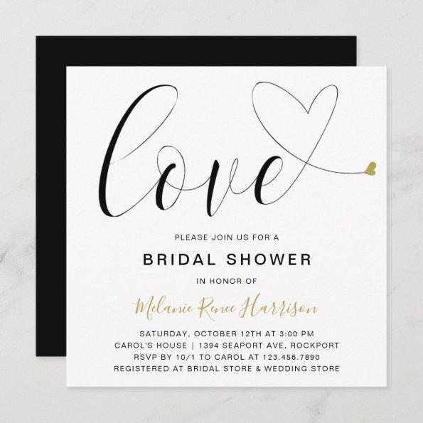 Cute Love Gold Heart Modern Bridal Shower Invitations
