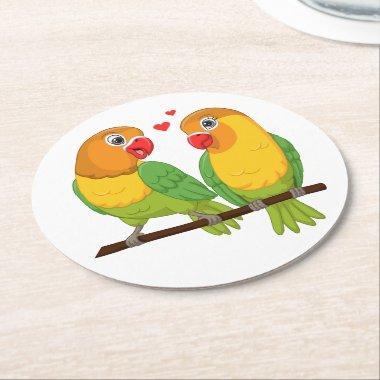 Cute Lovebirds Yellow Green Love Birds Wedding Round Paper Coaster