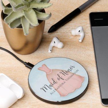 Cute Maid of Honor Watercolor Wedding Vintage Gown Wireless Charger