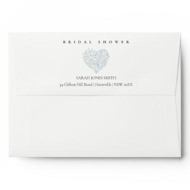 Cute Minimal Dusky Blue Floral Heart Bridal Shower Envelope