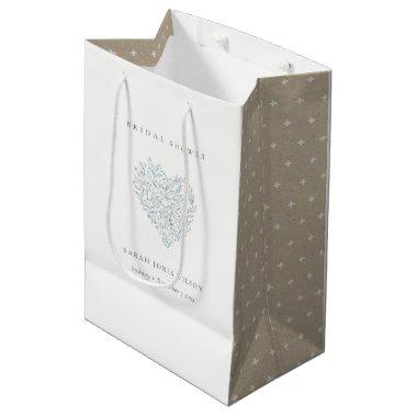 Cute Minimal Dusky Blue Floral Heart Bridal Shower Medium Gift Bag