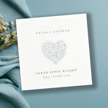 Cute Minimal Dusky Blue Floral Heart  Napkins