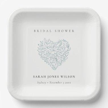 Cute Minimal Dusky Blue Floral Heart Bridal Shower Paper Plates