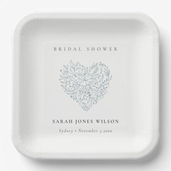 Cute Minimal Dusky Blue Floral Heart  Paper Plates