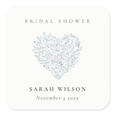 Cute Minimal Dusky Blue Floral Heart Bridal Shower Square Sticker