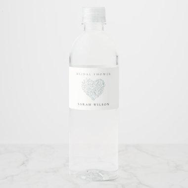 Cute Minimal Dusky Blue Floral Heart Bridal Shower Water Bottle Label