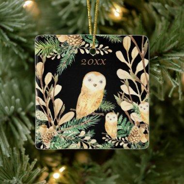 Cute Owls Black Pine Watercolor Christmas Year Ceramic Ornament