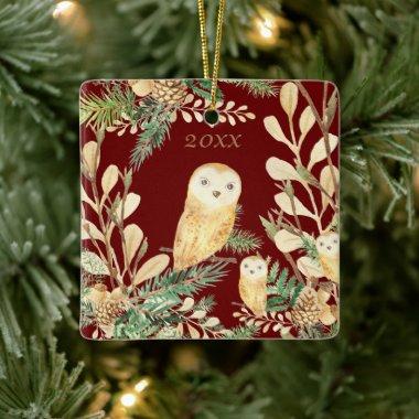 Cute Owls Red Pine Watercolor Christmas Year Ceramic Ornament