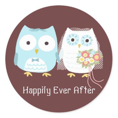 Cute Owls Wedding Bride and Groom Newlywed Couple Classic Round Sticker