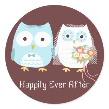 Cute Owls Wedding Bride and Groom Newlywed Couple Classic Round Sticker