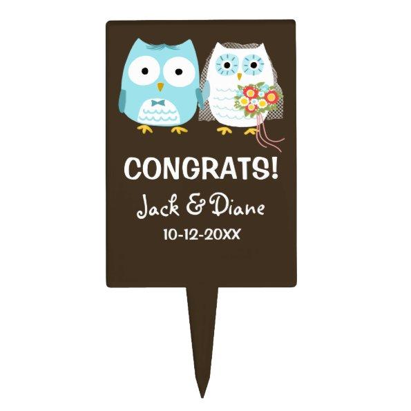 Cute Owls Wedding Congrats with Customizable Text Cake Topper