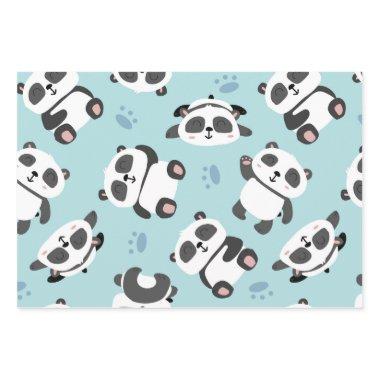 Cute panda bear paw cyan background wrapping paper sheets