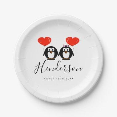 Cute penguin couple cartoon paper wedding Plates