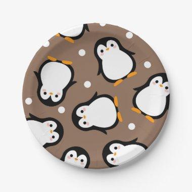 Cute penguin pattern brown pattern paper plates