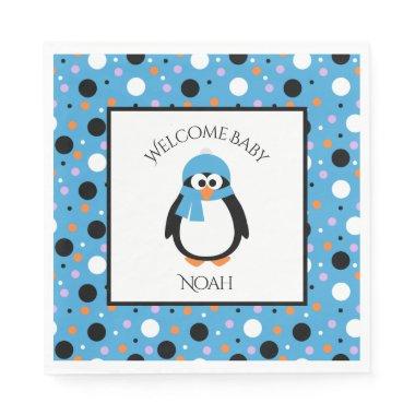 Cute Penguin with Blue Hat and Scarf on Polkadots Napkins