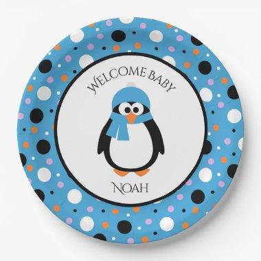 Cute Penguin with Blue Hat and Scarf Polka-Dots Paper Plates