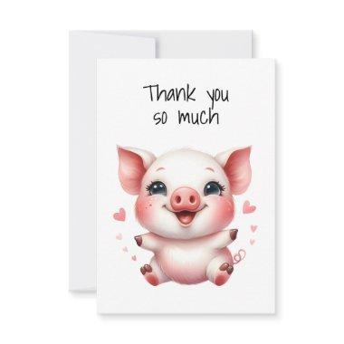 Cute Piglet and Pink Hearts Flat Thank You