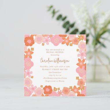 Cute Pink and Orange Floral Border Bridal Shower Invitations