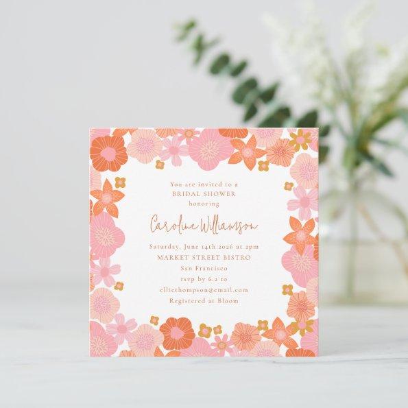Cute Pink and Orange Floral Border Bridal Shower Invitations