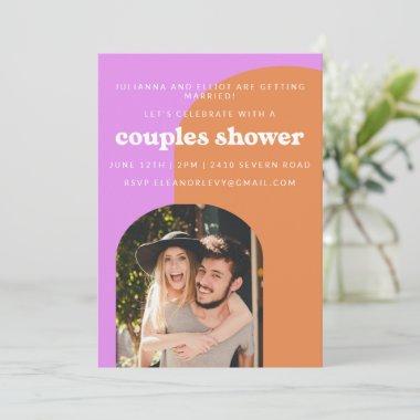 Cute Pink and Orange Retro Photo Couples Shower Invitations