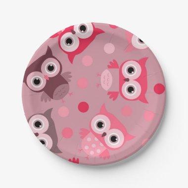 Cute pink colorful owl pattern paper plates