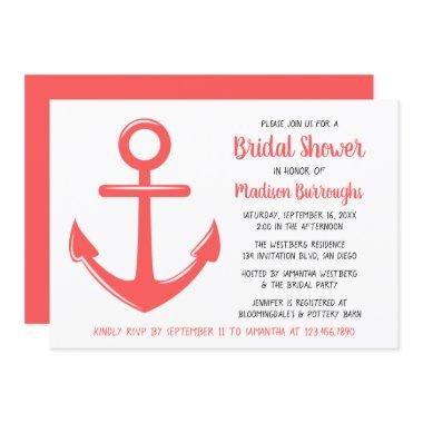 Cute Pink Coral Boat Anchor Nautical Bridal Shower Invitations