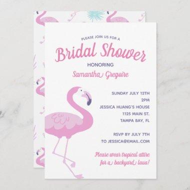 Cute Pink Flamingo Tropical Summer Bridal Shower Invitations