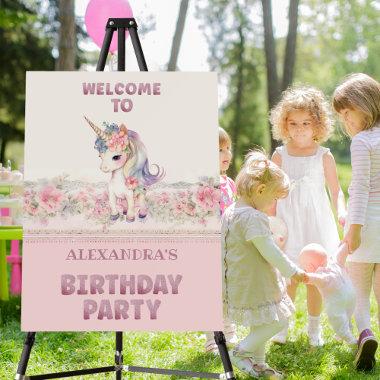 Cute Pink Glitter Girls Unicorn Birthday Welcome Foam Board