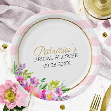 Cute Pink & Gold Floral Watercolor Bridal Shower Paper Plates