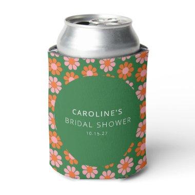 Cute Pink Green Retro Flowers Bridal Shower Custom Can Cooler