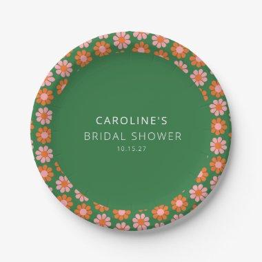 Cute Pink Green Retro Flowers  Custom Paper Plates