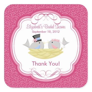 Cute Pink Love Birds Bridal Shower Square Sticker! Square Sticker