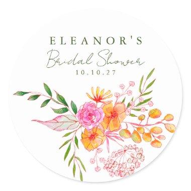 Cute Pink Orange Floral Watercolor Bridal Shower Classic Round Sticker